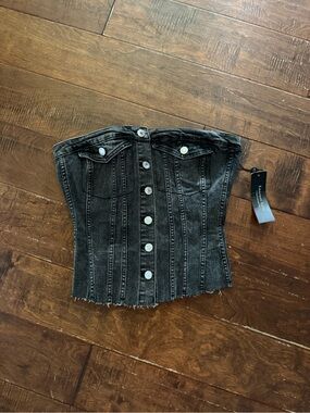 Strapless Black Denim Corset Top with Button Front - Emerson Lang